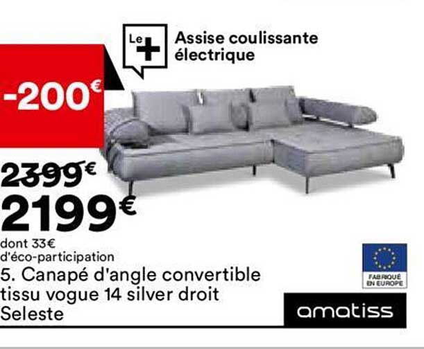 Amatiss Canape D'angle Convertible Tissu Vougue 14 Silver Droit Seleste