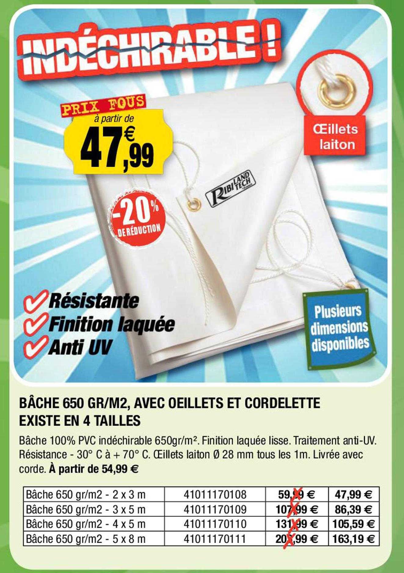 bâche 650 gr/m², avec œillets et cordelette existe en 4 tailles