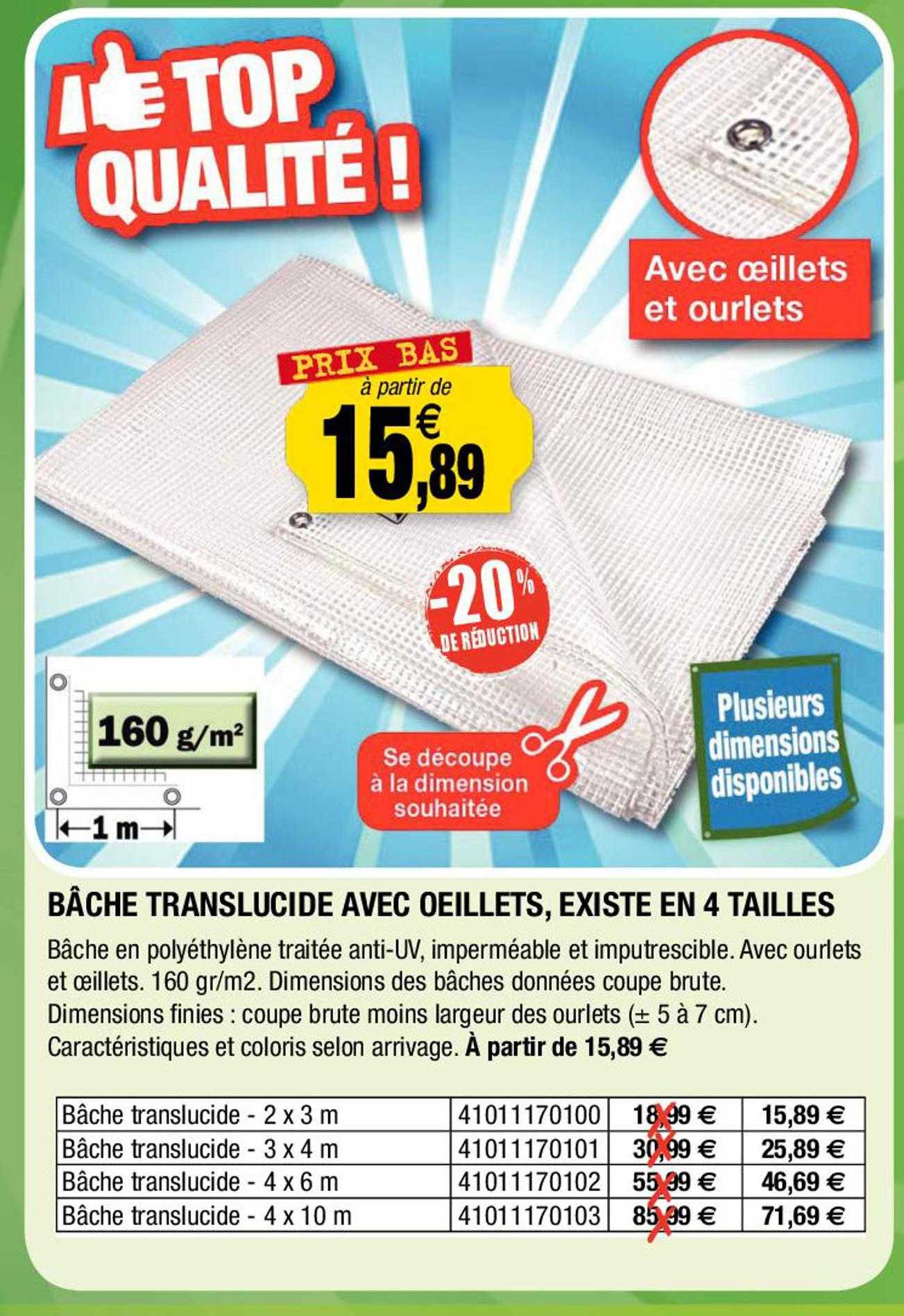 bâche translucide avec œillets, existe en 4 tailles