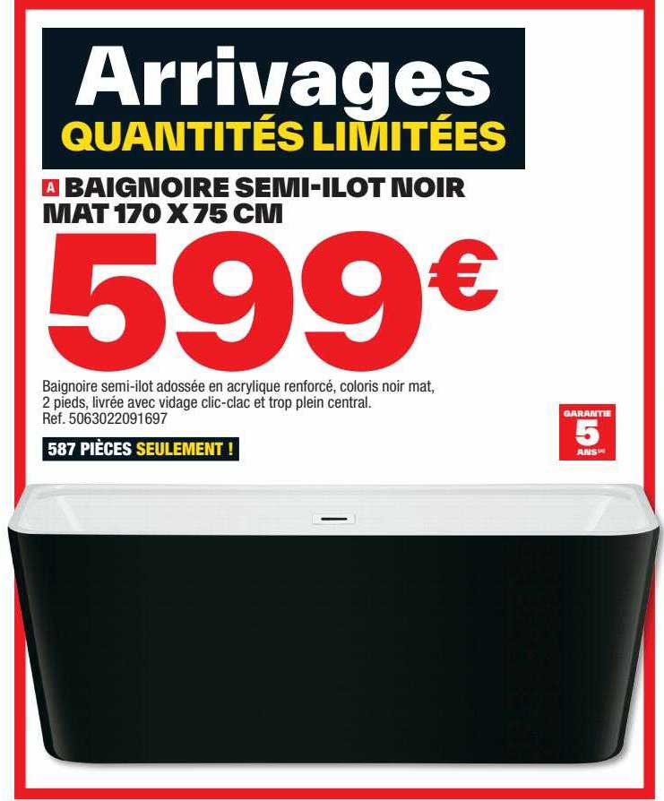 Baignoire Semi-ilot Noir Mat 170 X 75 Cm
