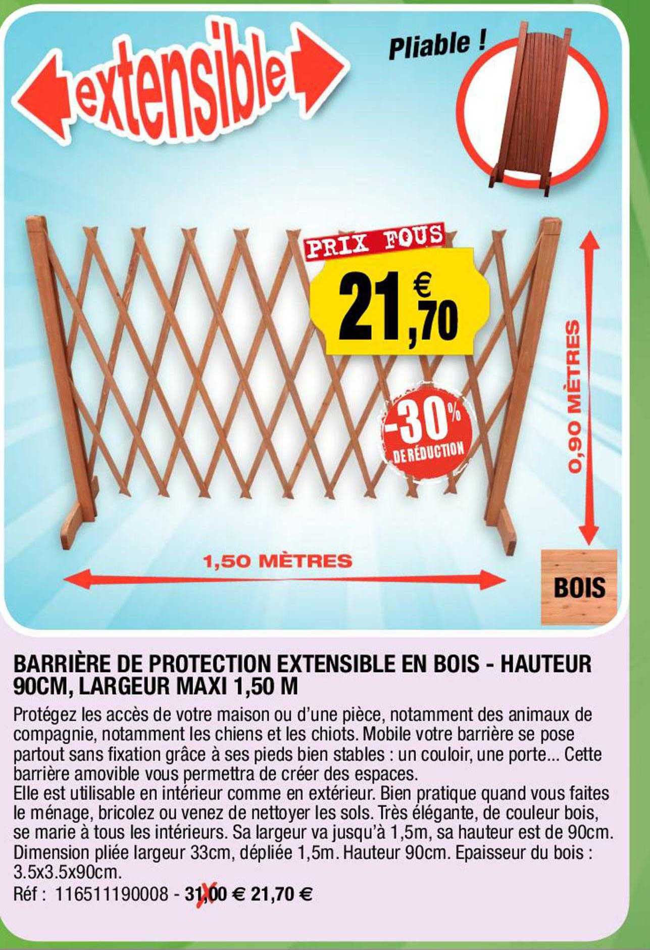 barrière de protection extensible en bois - hauteur 90 cm, largeur maxi 1,50 m