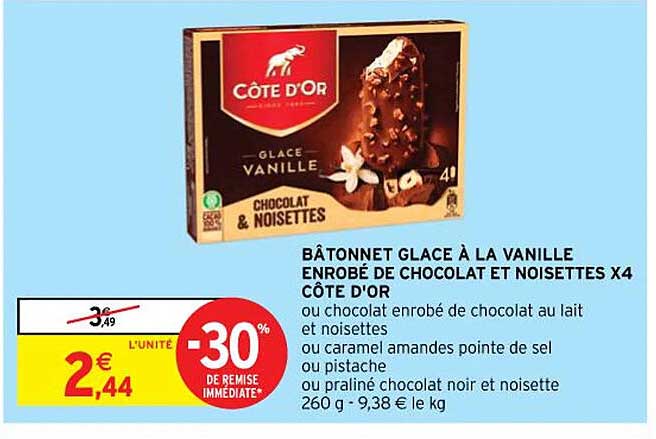 bâtonnet glace à la vanille enrobé de chocolat et noisettes x4 côte d'or