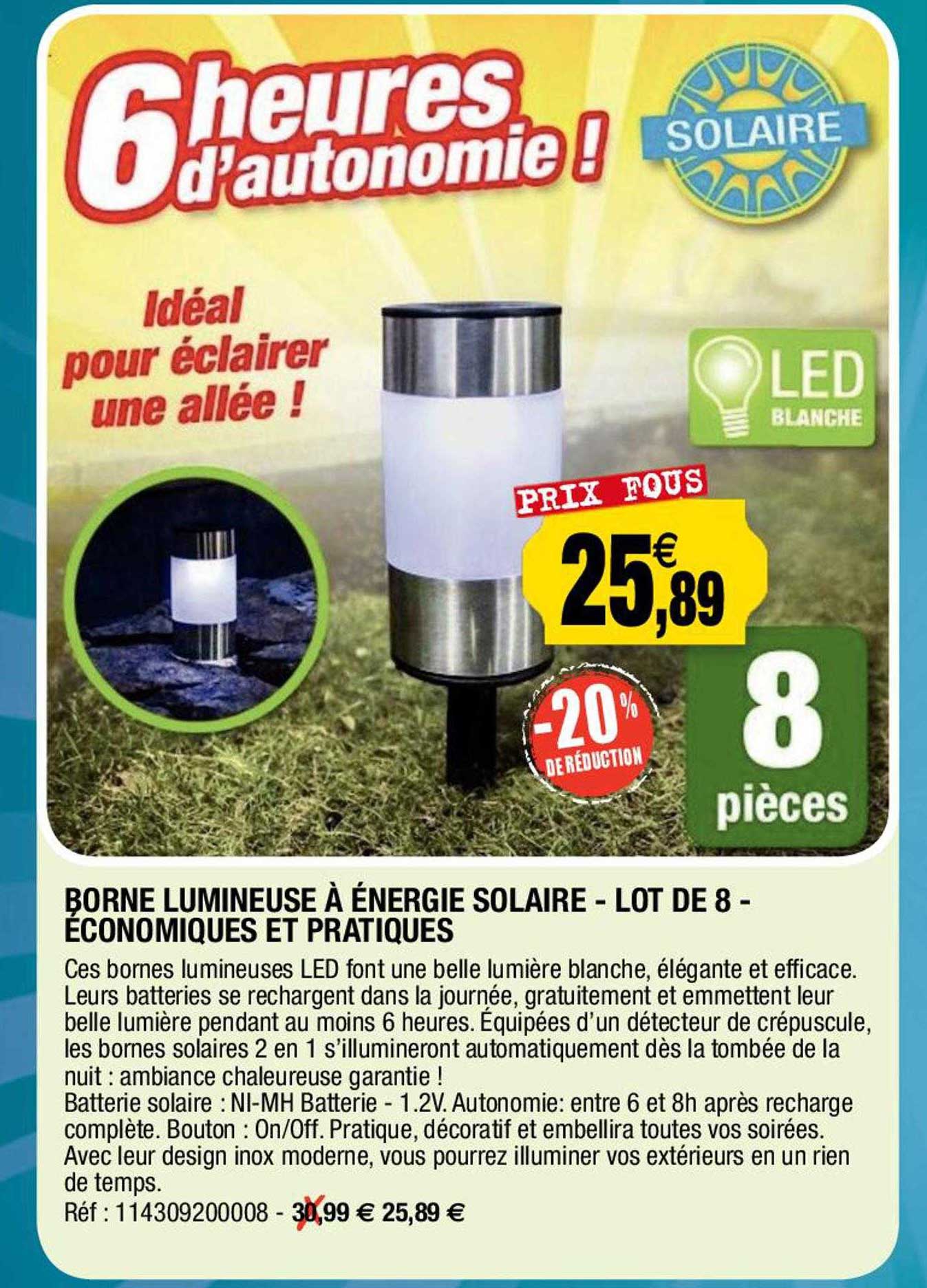 borne lumineuse à énergie solaire - lot de 8 - économiques et pratiques