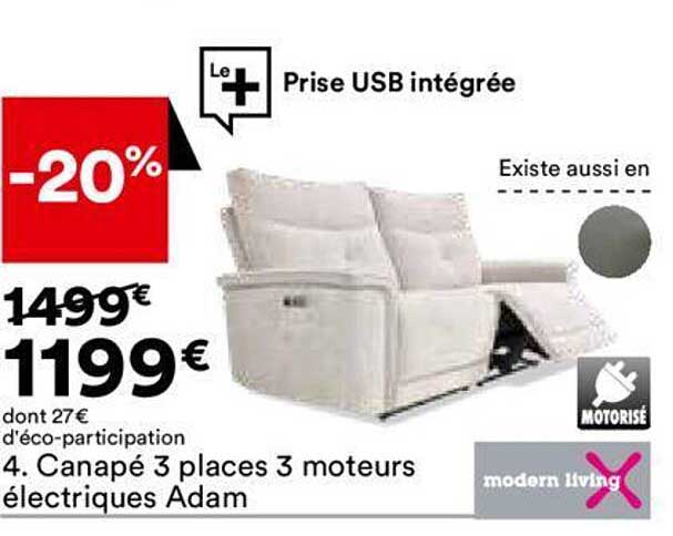 canape 3 palces moteurs electriques adam