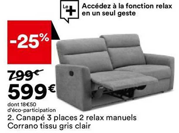 canape 3 places 2 relax manuels corrano tissu gris clair