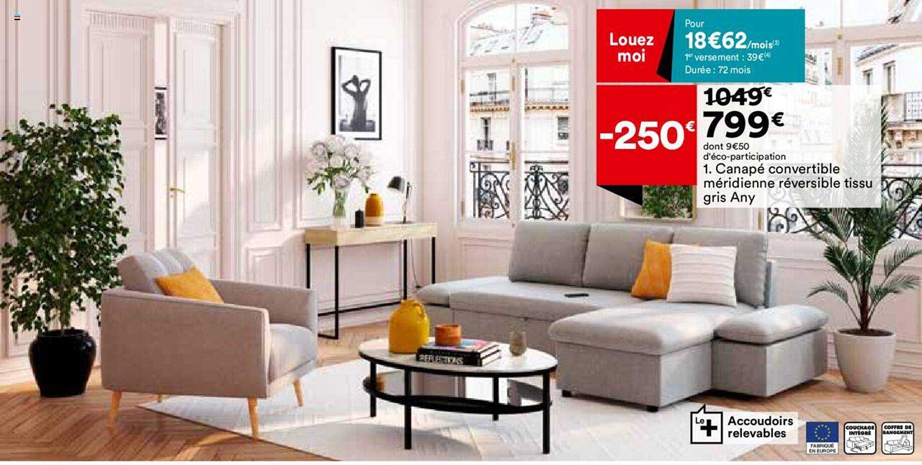 canape convertible meridienne reversible tissu gris any