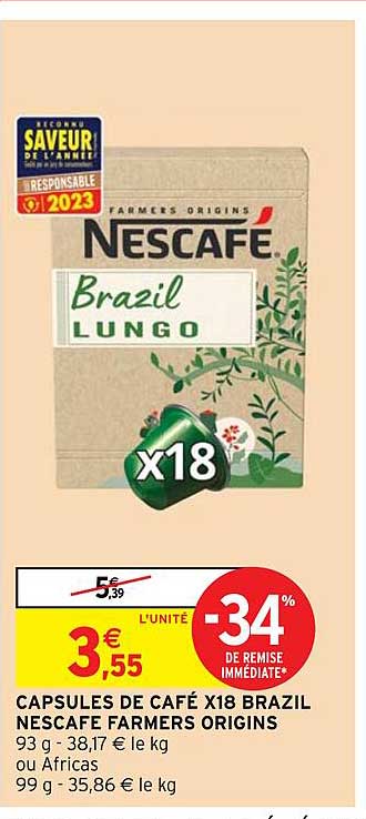 capsules de café x18 brazil nescafé farmers origins