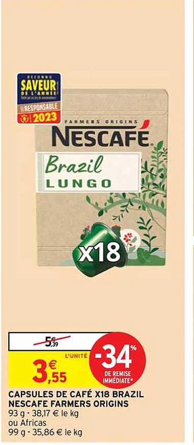 capsules de café x18 brazil nescafé farmers origins