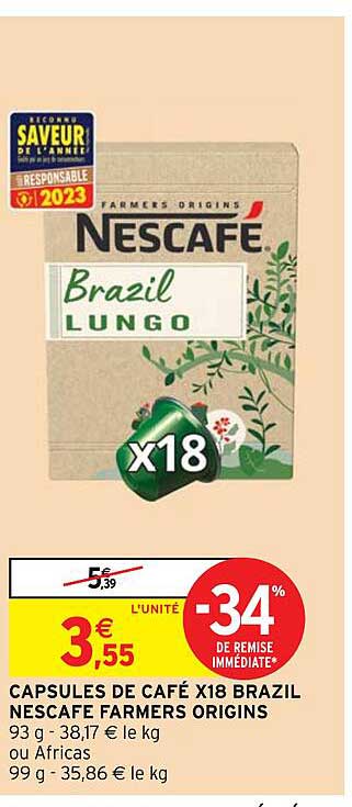 capsules de café x18 brazil nescafé farmers origins