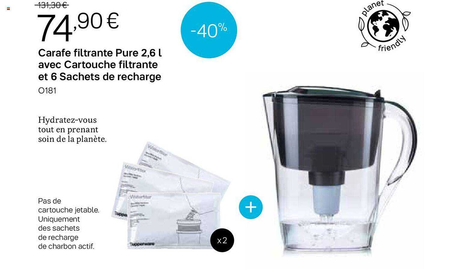 Carafe Filtrante Pure 2,6l Avec Cartouche Filtrante Et 6 Sachets De Recharge