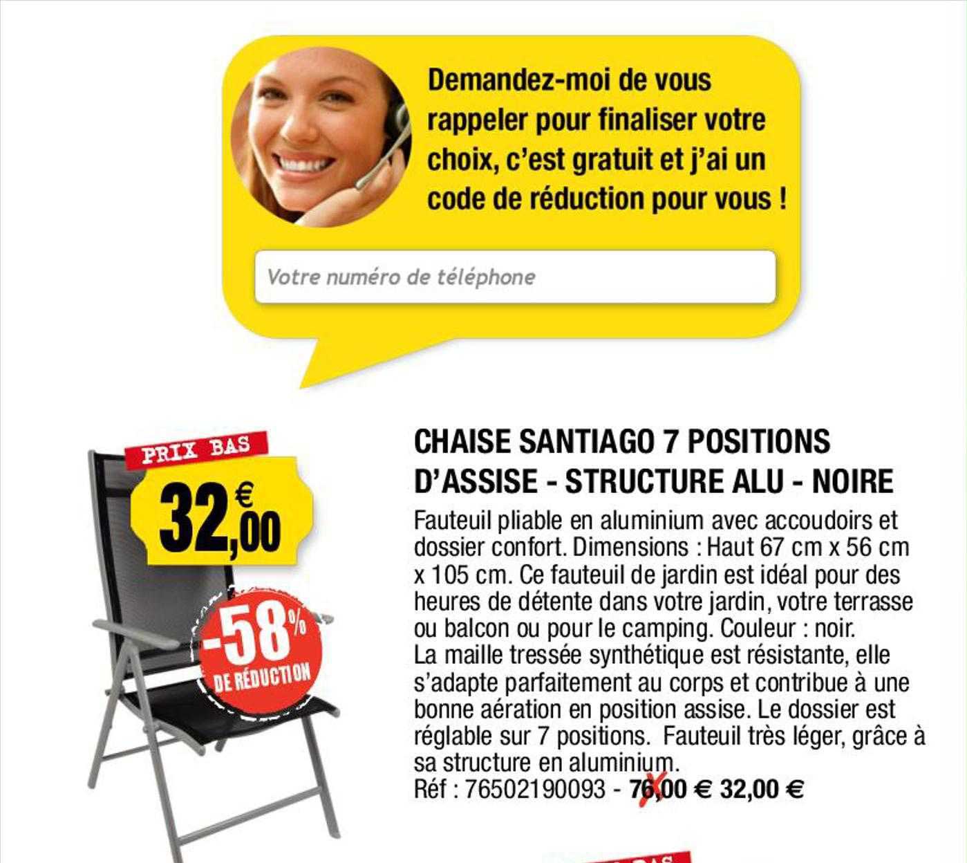 chaise santiago 7 positions d'assise - structure alu - noire