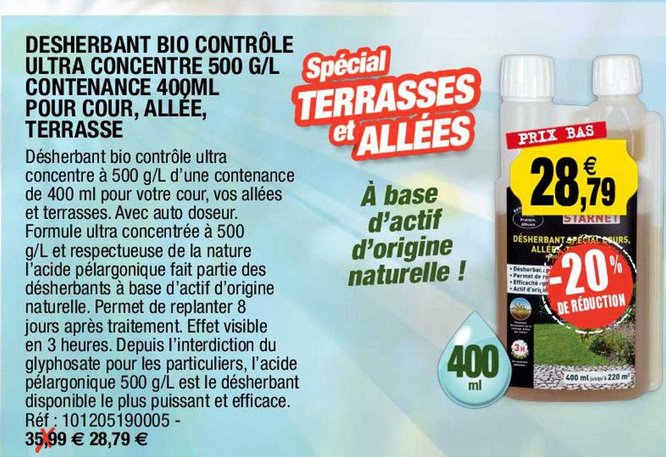 désherbant bio contrôle ultra concentré 500 g/l contenance 400ml pour cour, allée, terrasse