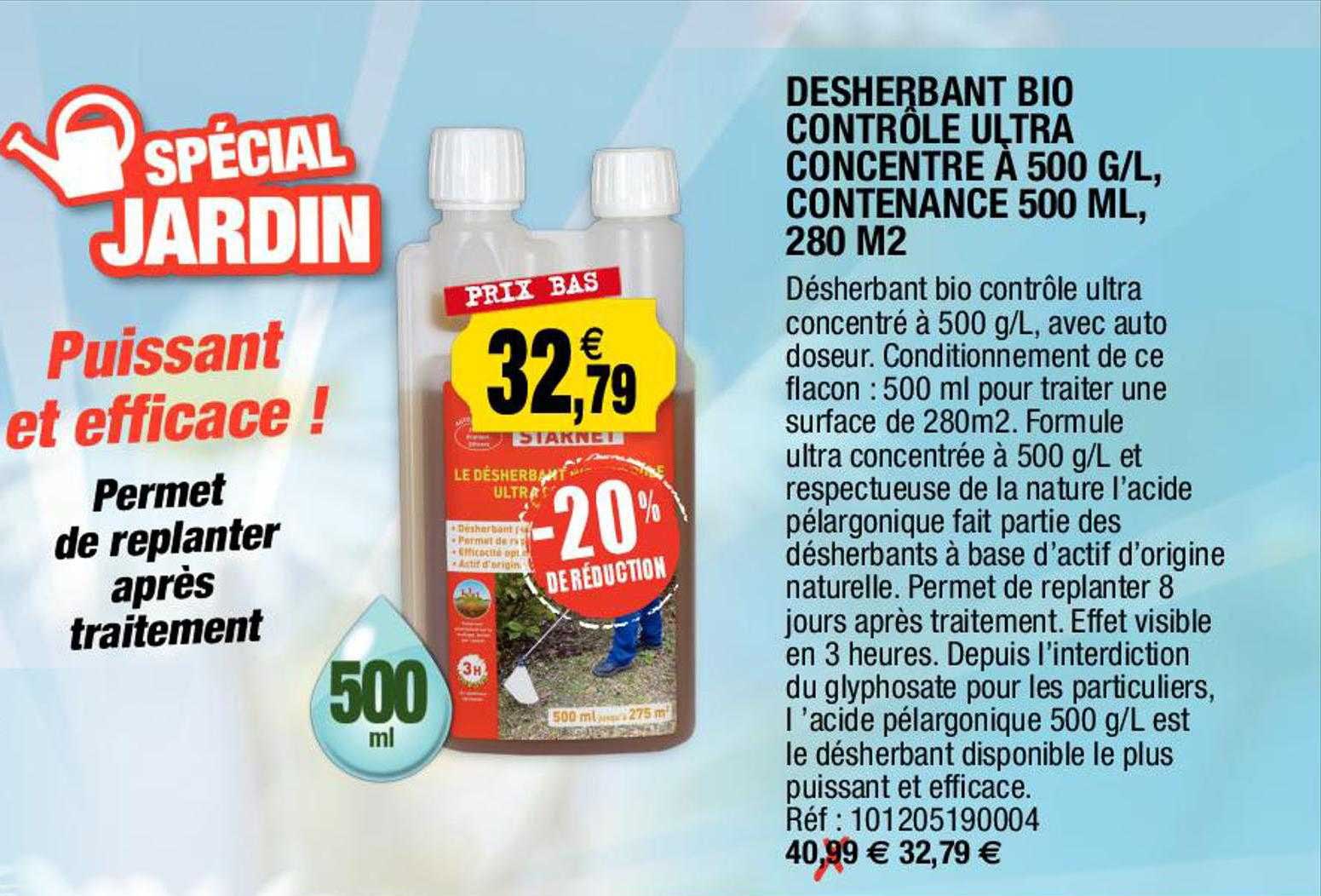 désherbant bio contrôle ultra concentré à 500 g/l, contenance 500ml, 280 m²