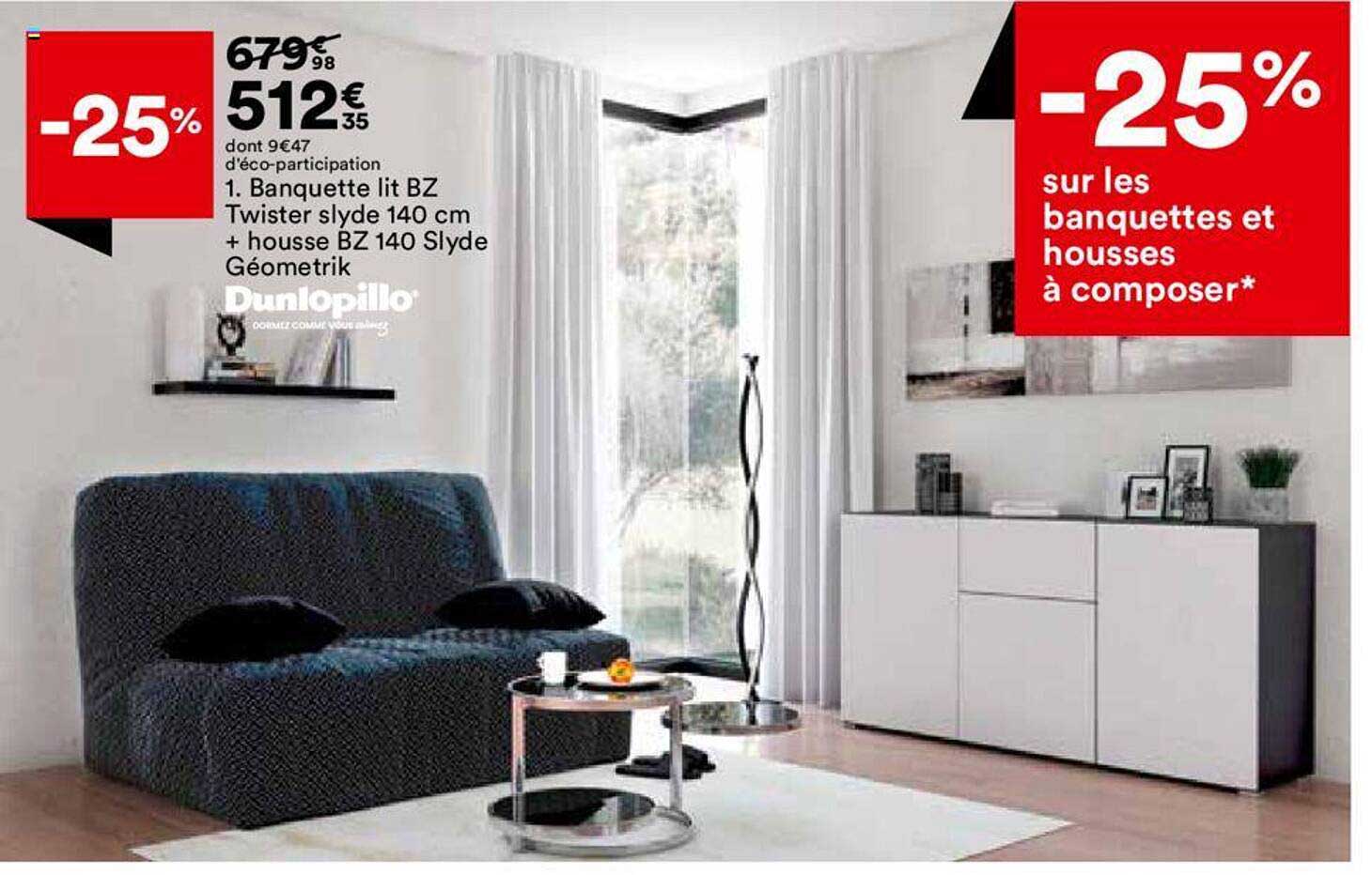 dunlopillo banqyuette lit bz twister slyder 140 cm + housse bz 140 slyde geometrik