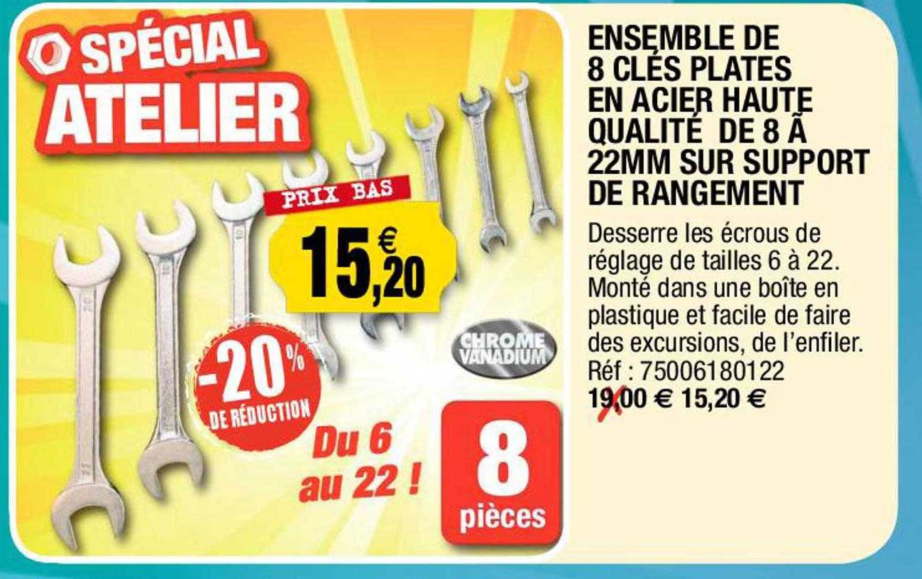 ensemble de 8 clés plates en acier haute qualité de 8 à 22mm sur support de rangement