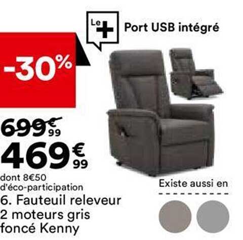 Fauteuil Releveur 2 Moteurs Gris Fonce Kenny