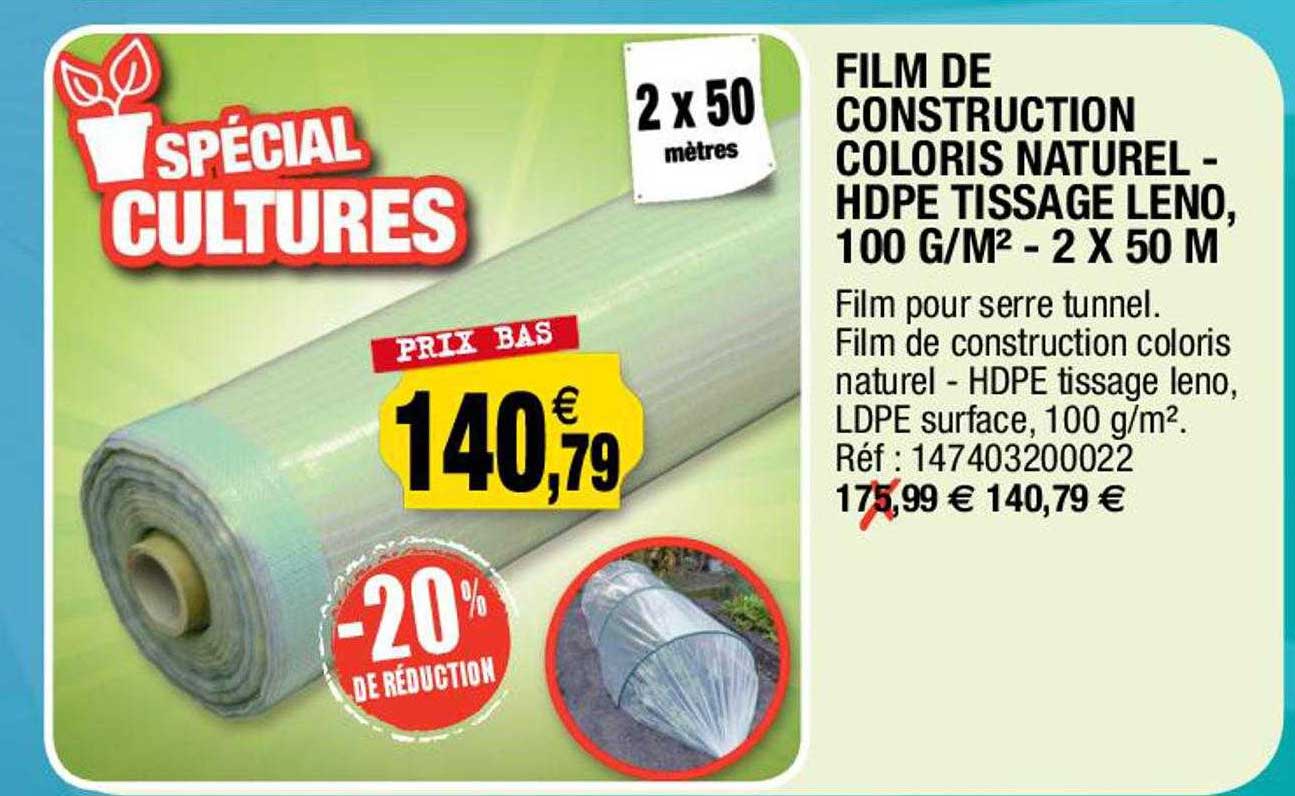 film de construction coloris naturel - hdpe tissage leno, 100 gr/m² - 2 x 50 m