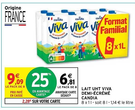 lait uht viva demi-écrémé candia