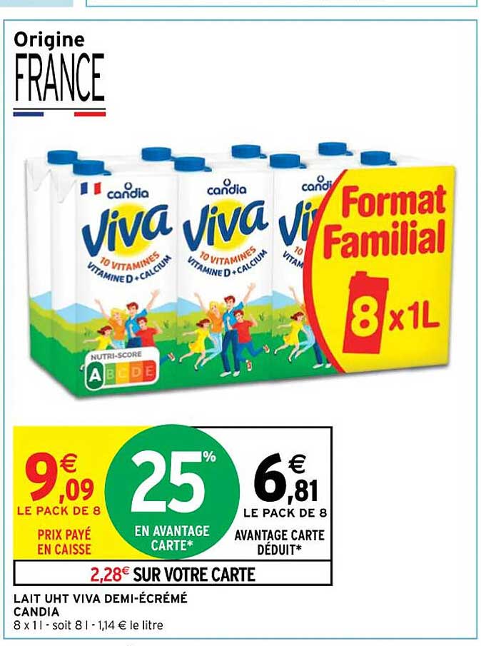 lait uht viva demi-écrémé candia