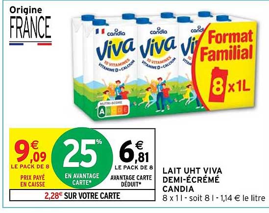 lait uht viva demi-écrémé candia