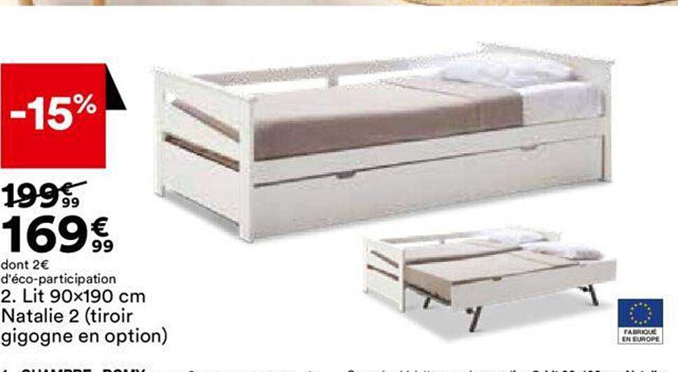 Lit 90x190 Cm Natalie 2 (tiroir Gigogne En Option)