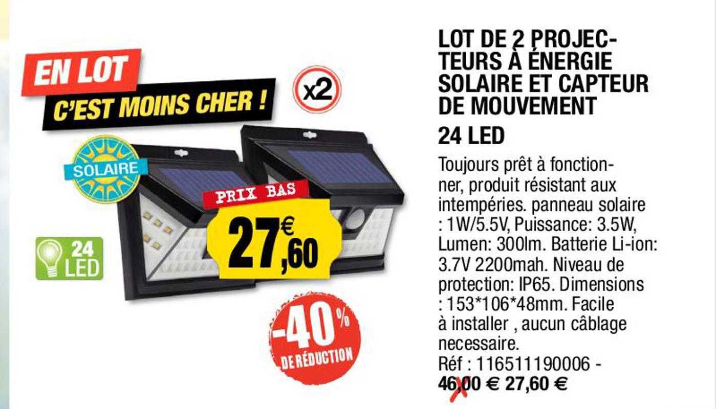 lot de 2 projecteurs à énergie solaire et capteur de mouvement 24 led