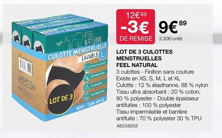 lot de 3 culottes menstruelles feel natural