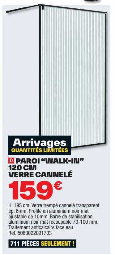 paroi "walk-in" 120 cm verre cannelé