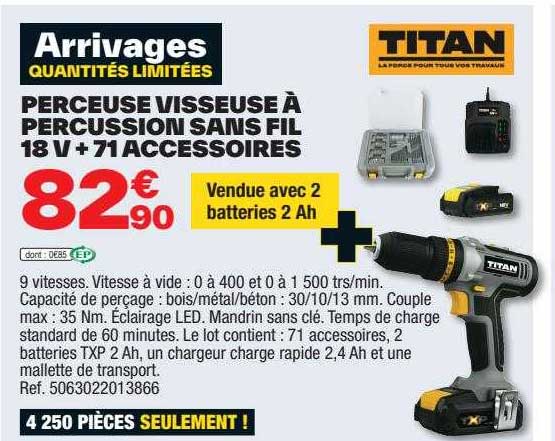 Perceuse Visseuse à Percussion Sans Fil 18 V + 71 Accessoires Titan