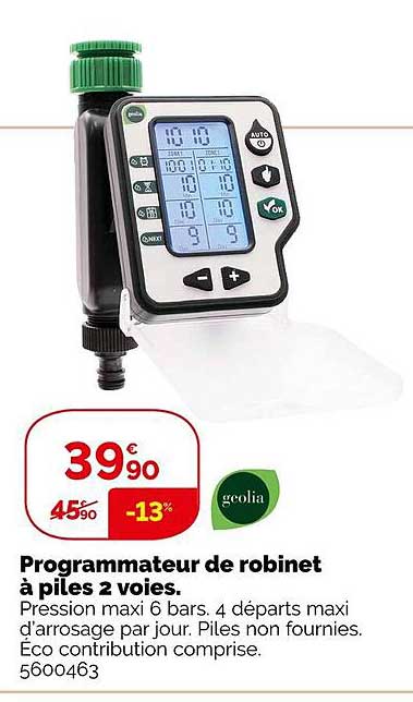 programmateur de robinet à piles 2 voies