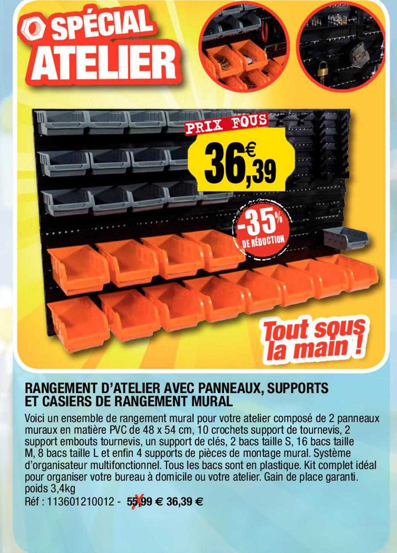 rangement d'atelier avec panneaux, supports et casiers de rangement mural