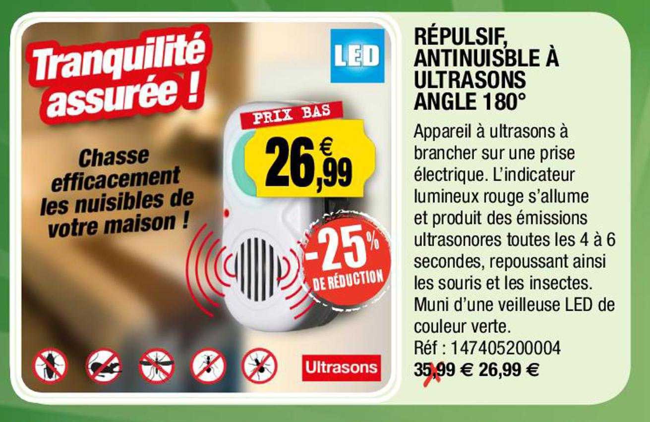 répulsif, anti nuisible à ultrasons angle 180°