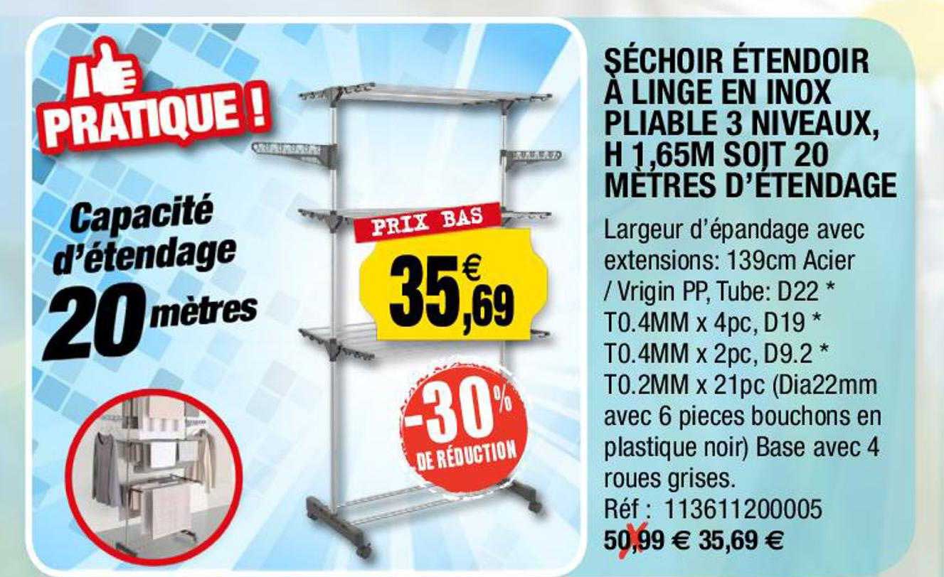 séchoir étendoir à linge en inox pliable 3 niveaux, h 1,65 m soit 20 mètres d'étendage