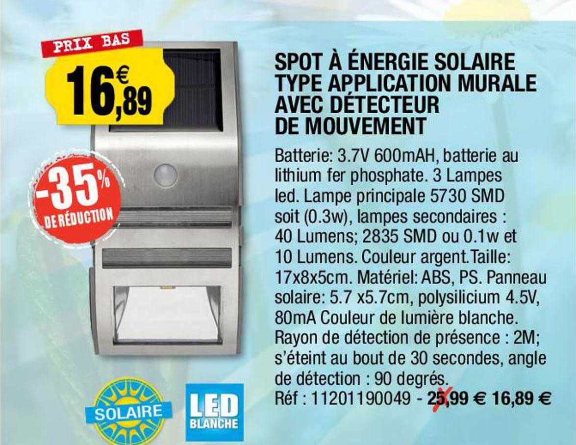 spot à énergie solaire type application murale avec détecteur de mouvement