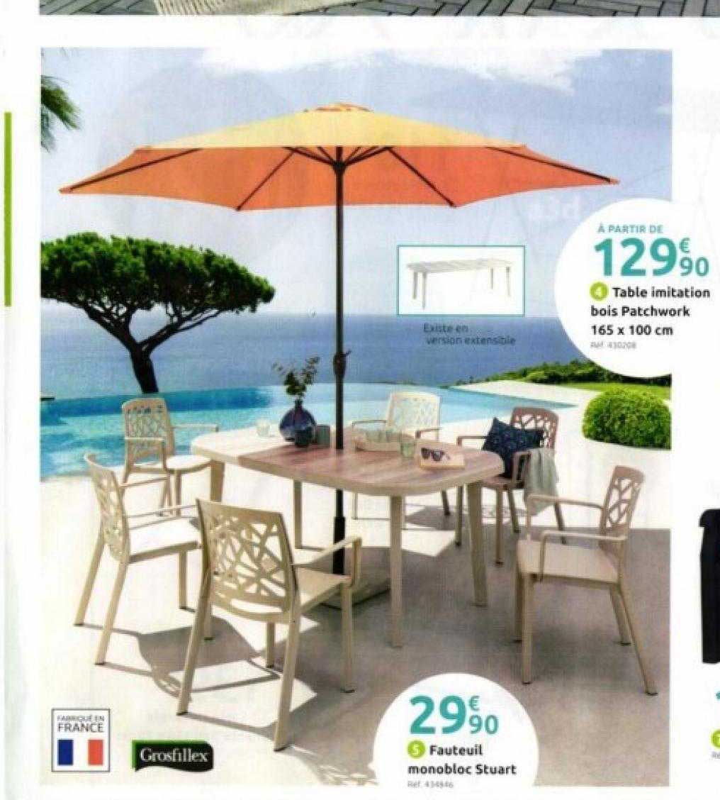 table imitation bois patchwork 165 x 100 cm grosfillex, fauteuil monobloc stuart grosfillex