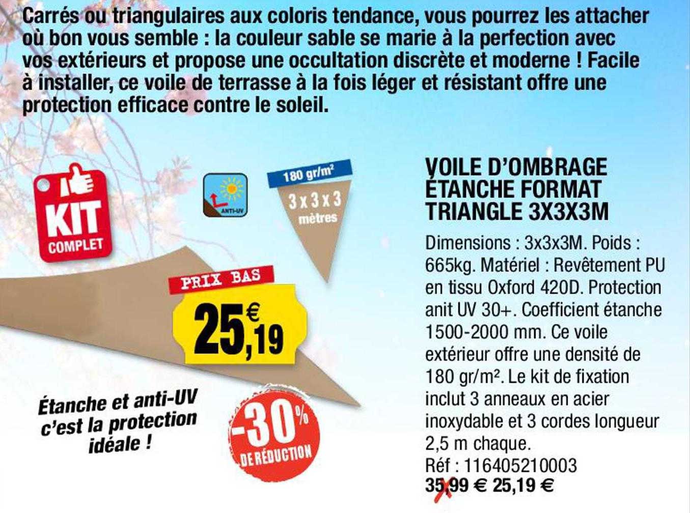 voile d'ombrage étanche format triangle 3 x 3 x 3m