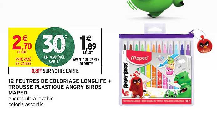12 feutres de coloriage longlife + trousse plastique angry birds maped