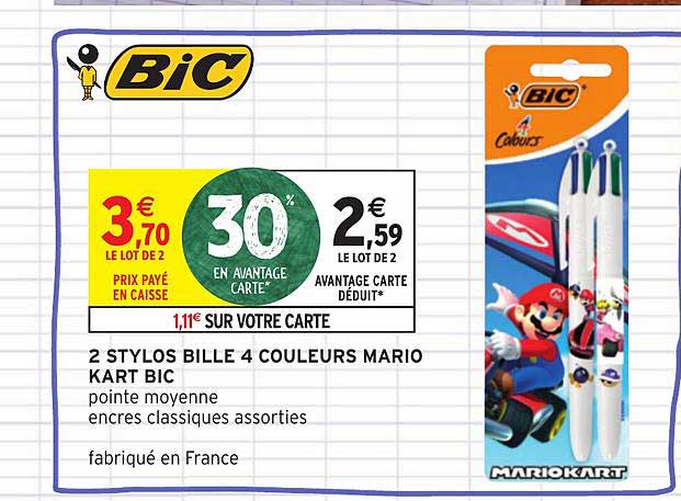 2 stylos bille 4 couleurs mario kart bic
