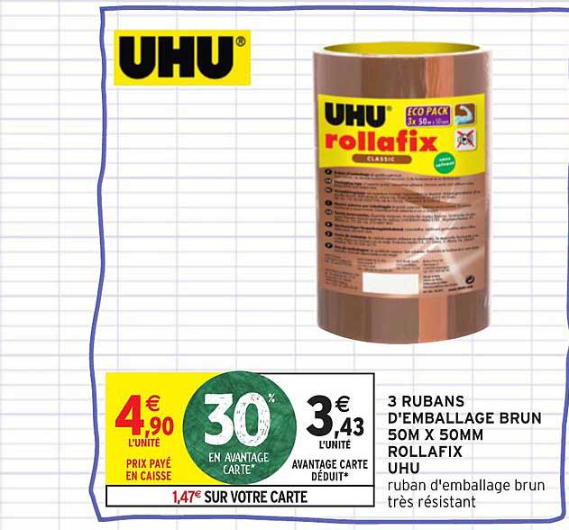 3 rubans d'emballage brun 50 cm x 50mm rollafix uhu