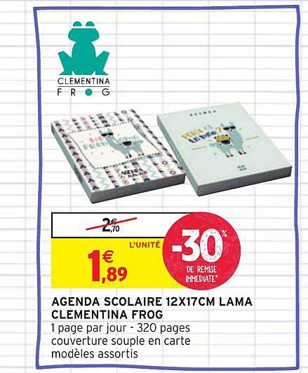 agenda scolaire 12x17cm lama clementina frog -30% de remise immédiate