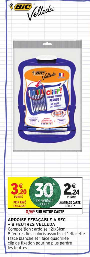 Ardoise Effaçable à Sec +8 Feutres Vélleda Bic