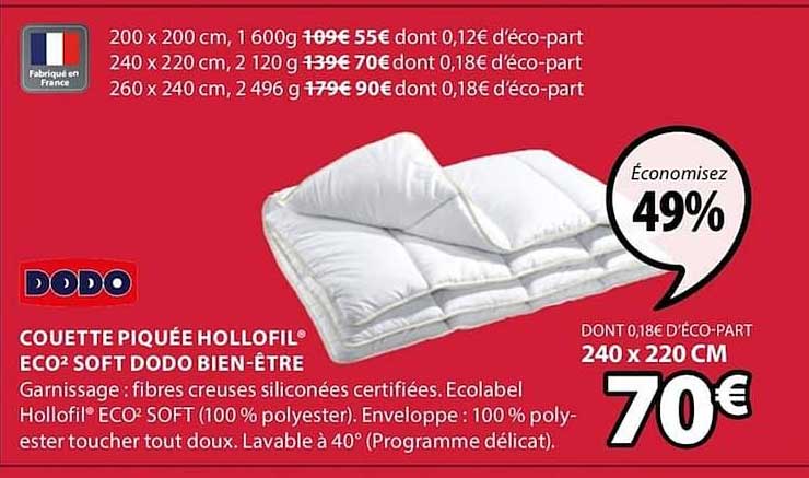 couette piquée hollofil eco2 soft dodo bien être