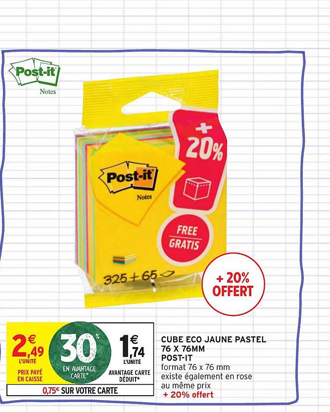 cube eco jaune pastel 76 x 76mm post it