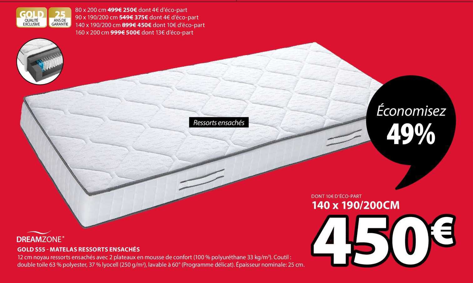 gold s55 matelas ressorts ensachés dreamzone