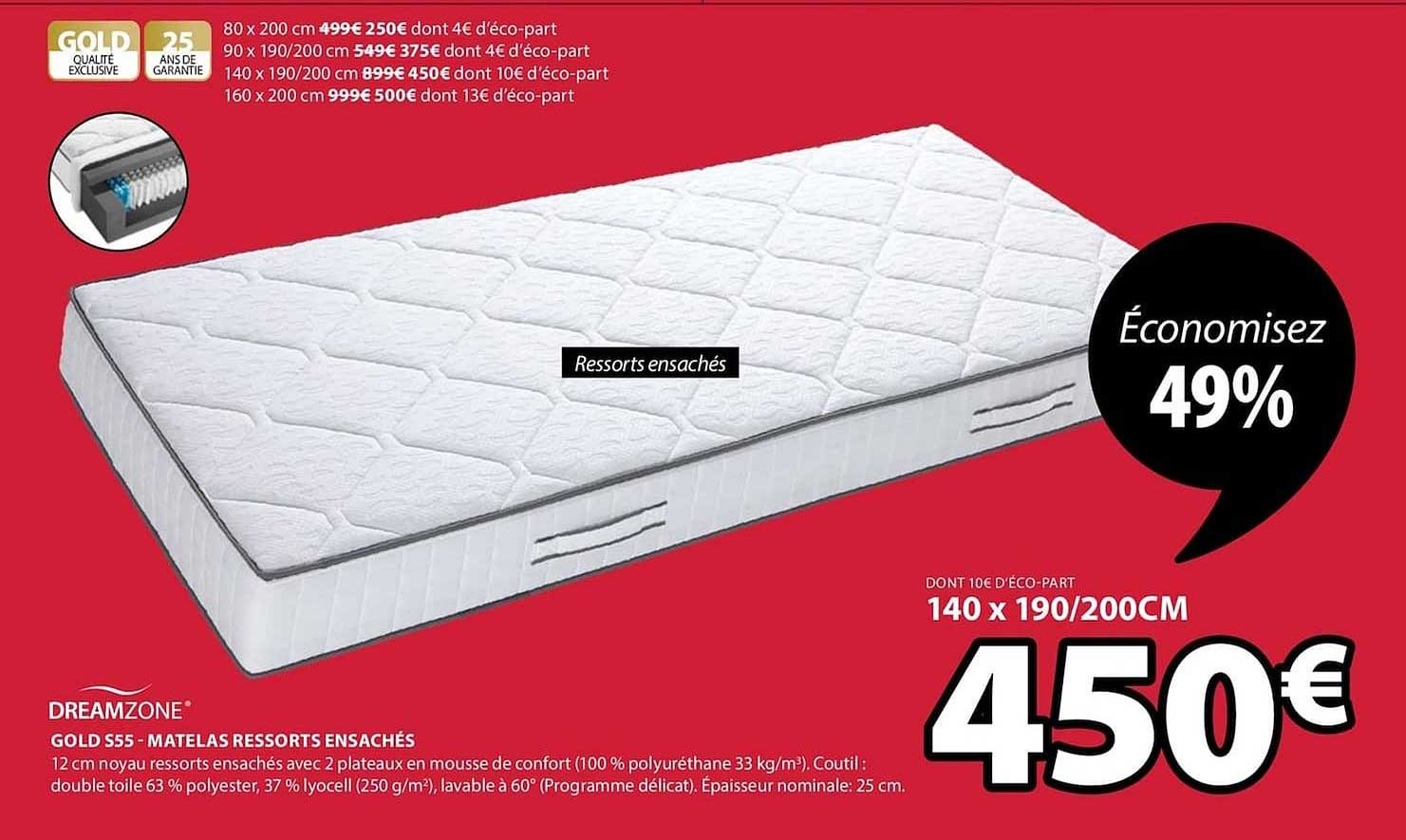 gold s55 matelas ressorts ensachés dreamzone