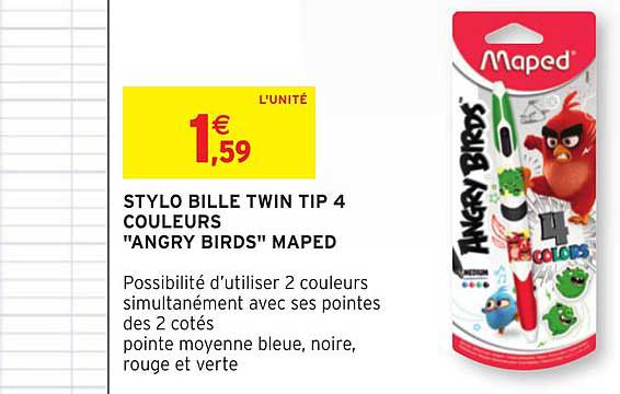 stylo bille twin tip 4 couleurs angry birds maped