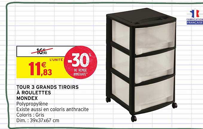 tour 3 grands tiroirs à roulettes mondex -30% de remise immédiate