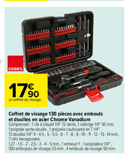 coffret de vissage 130 pièces avec embouts et douilles en acier chrome vanadium