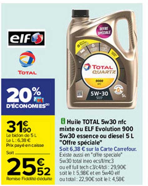 huile total 5w30 nfc mixte ou elf evolution 900 5w30 essence ou diesel 5 l "offre spéciale"