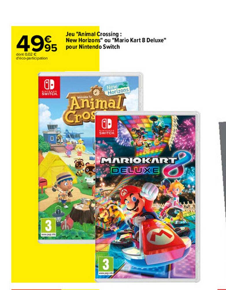jeu "animal crossing : new horizons" ou "mario kart 8 deluxe" pour nintendo switch